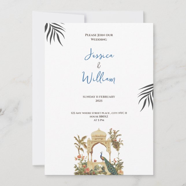 luxurious peacock palace wedding invitation einladung (Vorderseite)