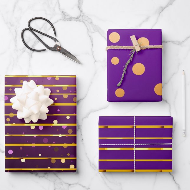 Luxurious Purple & Gold Stripe and Dot Christmas  Geschenkpapier Set (Vorderseite)