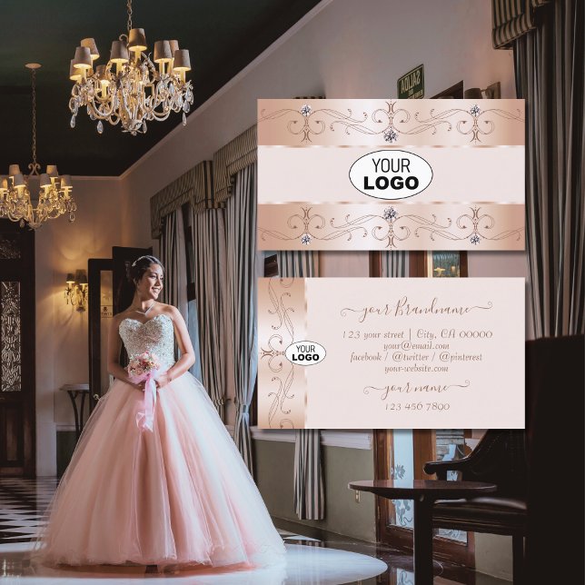 Luxurious Rose Gold Ornate Borders Jewels Add Logo Visitenkarte (Von Creator hochgeladen)
