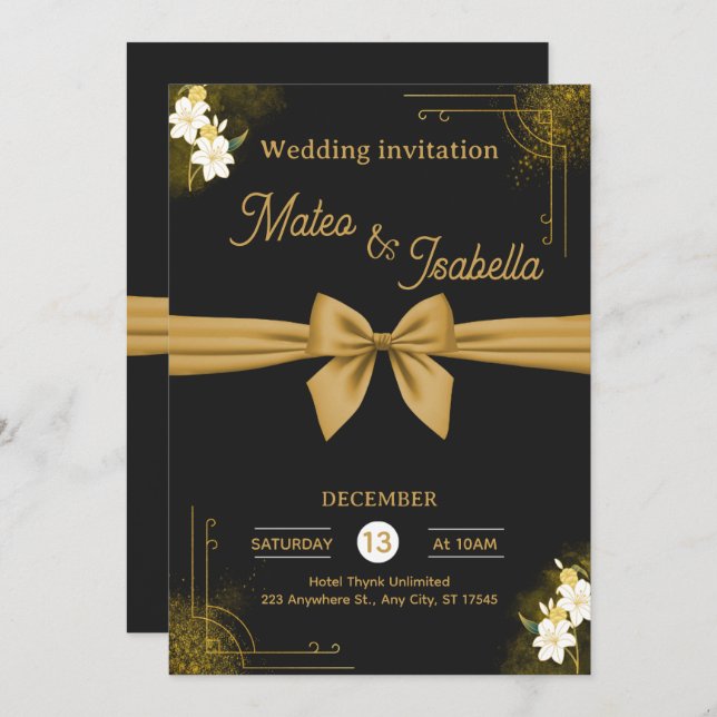 Luxurious wedding invitation in gold (Devant / Derrière)