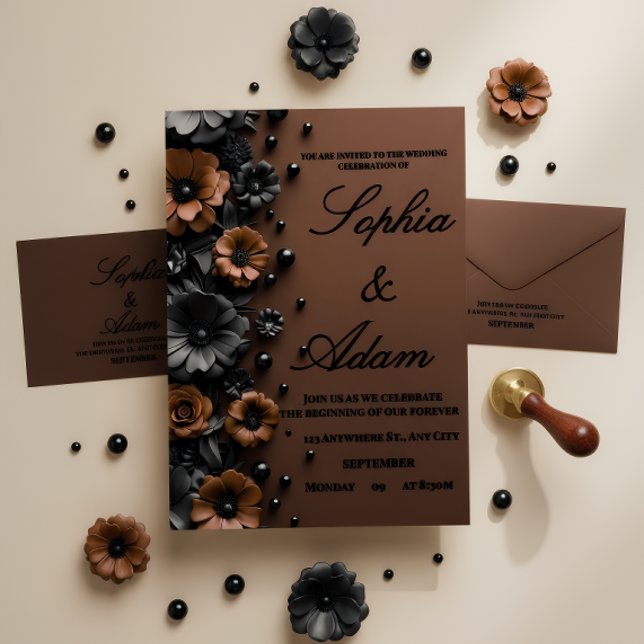 Luxury 3D Floral Bronze & Black Wedding Invitation Begleitkarte (Von Creator hochgeladen)