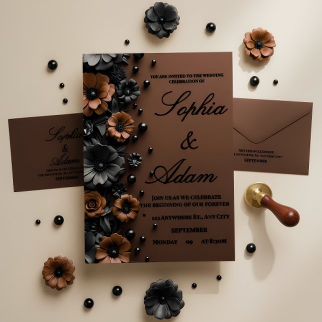Luxury 3D Floral Bronze & Black Wedding Invitation Save The Date (Von Creator hochgeladen)