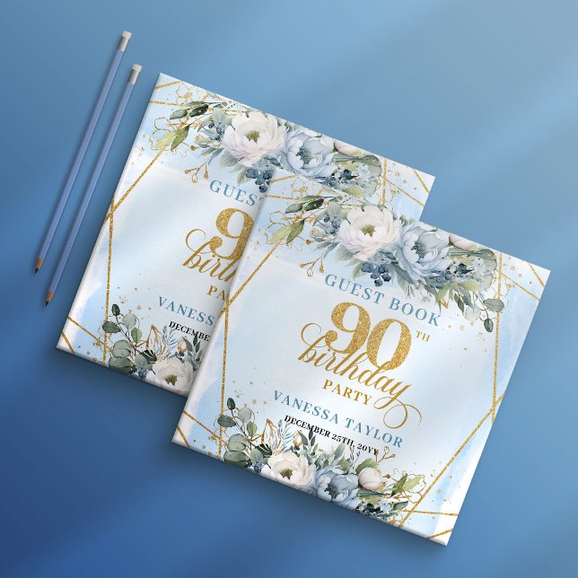 Luxury 90th Birthday Dusty Blue Floral Gold Frame  Gästebuch (Luxury 90th Birthday Dusty Blue Floral Gold Frame Guest Book

)