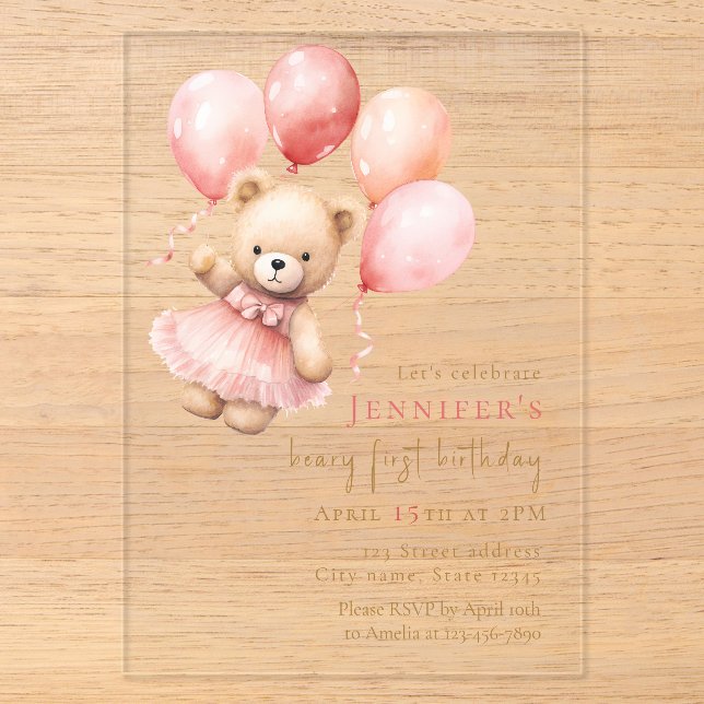 Luxury Acrylic Beary First Birthday Invitation  Acryleinladungen (Vorderseite)