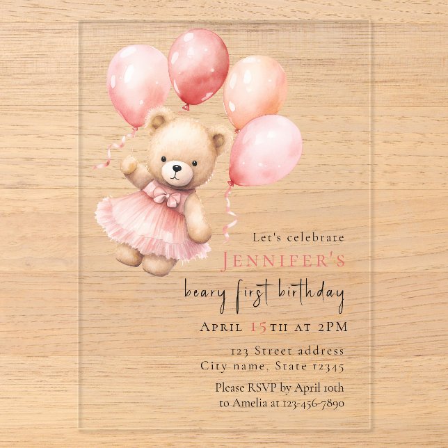 Luxury Acrylic Teddy Bear Girl 1st Birthday Acryleinladungen (Vorderseite)