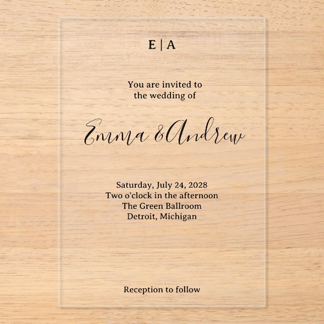Luxury Acrylic Wedding Invitation | Clear, Custom Acryleinladungen (Vorderseite)
