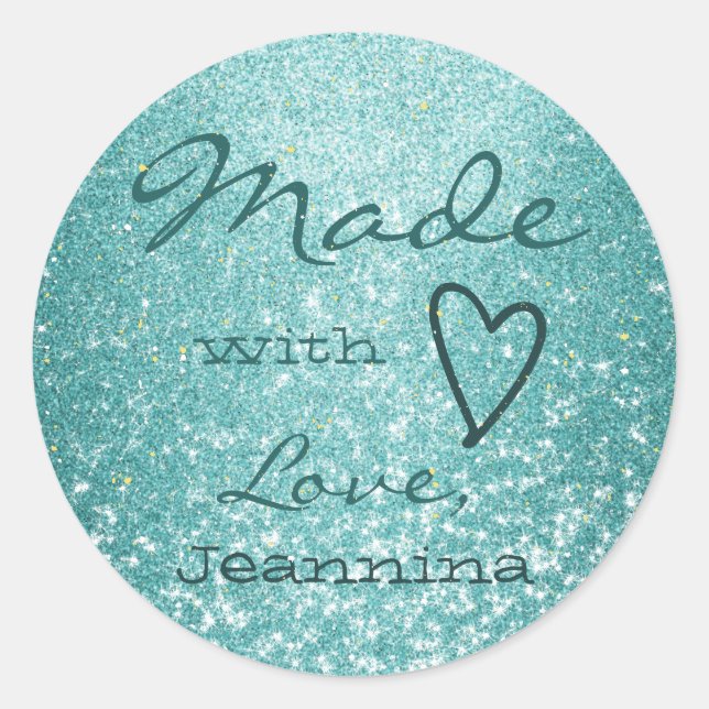 Luxury Aqua Blue Glitzer Made with Liebe Heart Nie Runder Aufkleber (Vorderseite)