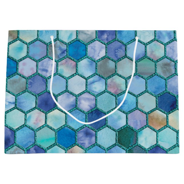 Luxury Aqua Blue Wabenmuster Große Geschenktüte (Vorderseite)