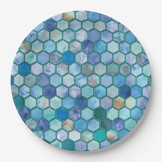 Luxury Aqua Blue Wabenmuster Pappteller (Vorderseite)