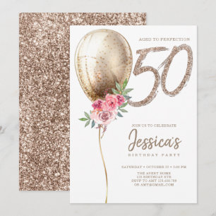 Luxury Balloon Beige Glitzer 50. Geburtstag Einladung