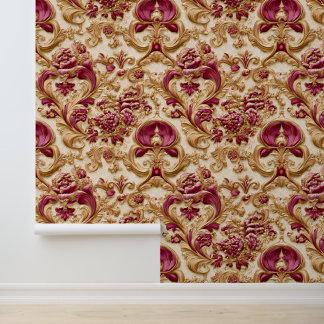 Luxury Baroque Floral Gold and Burgundy Tapete