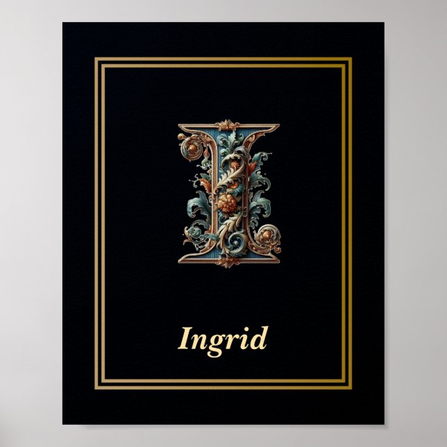 Luxury Baroque Letter I Monogram Poster  (Devant)