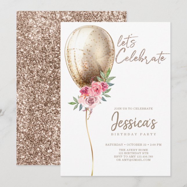 Luxury Beige Ballon Glitzer Geburtstag Einladung (Vorne/Hinten)