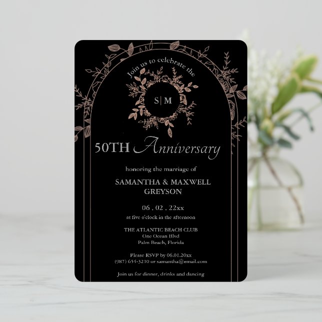 Luxury Black 50. Silver Wedding Jubiläum Folieneinladung (Stehend vorne)
