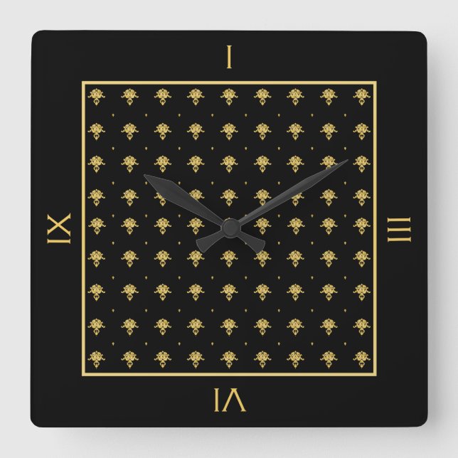 Luxury Black and Gold Damask Pattern With Numbers Quadratische Wanduhr (Vorderseite)