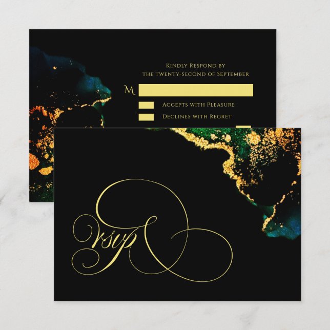 Luxury Black Emerald Gold Wedding RSVP Karte (Vorne/Hinten)