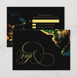 Luxury Black Emerald Gold Wedding RSVP Karte