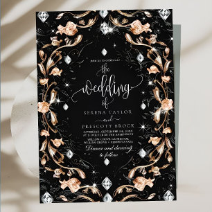 Luxury Black Floral Diamonds Wedding Einladung