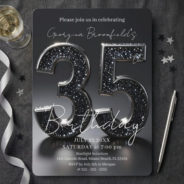 Luxury Black Glitter Silver Sparkle 35th Birthday Einladung (Von Creator hochgeladen)