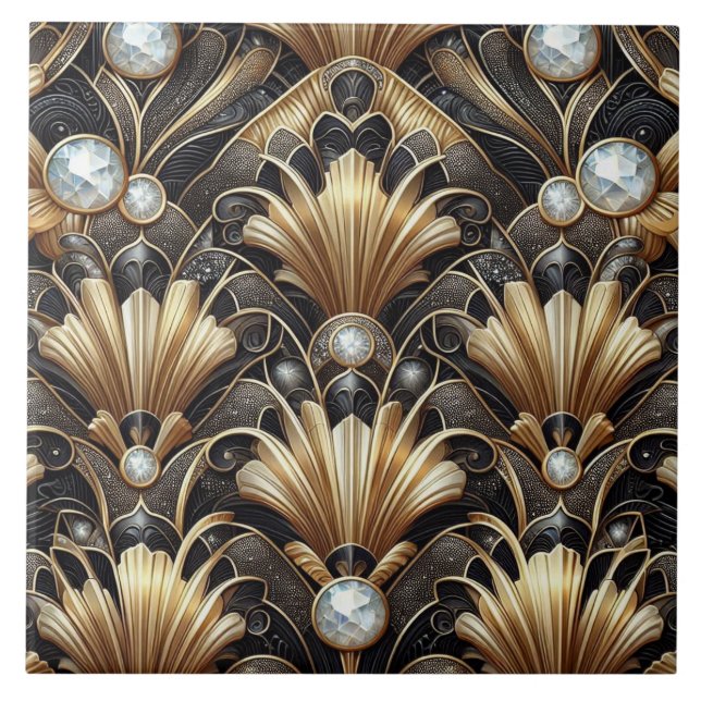 Luxury Black & Gold Art Deco Ceramic Tile  Fliese (Vorderseite)