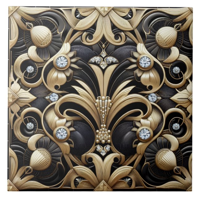 Luxury Black & Gold Art Deco Ceramic Tile  Fliese (Vorderseite)