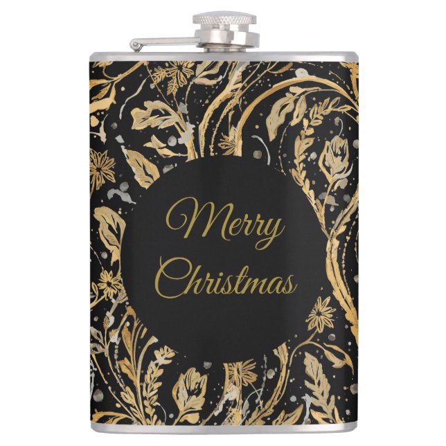 Luxury Black Gold Flowers Pattern, Merry Christmas Flachmann (Vorderseite)