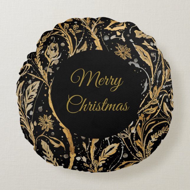 Luxury Black Gold Flowers Pattern, Merry Christmas Rundes Kissen (Vorderseite)