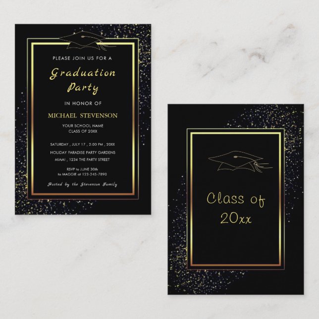 Luxury Black Gold Gerahmt Abschluss Einladung (Vorne/Hinten)