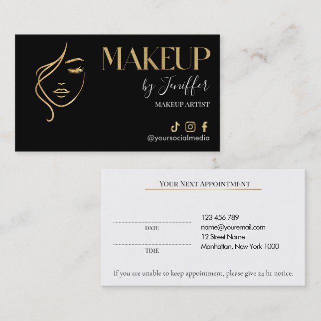Luxury Black & Gold Makeup Appointment Card Terminkarte (Vorne/Hinten)