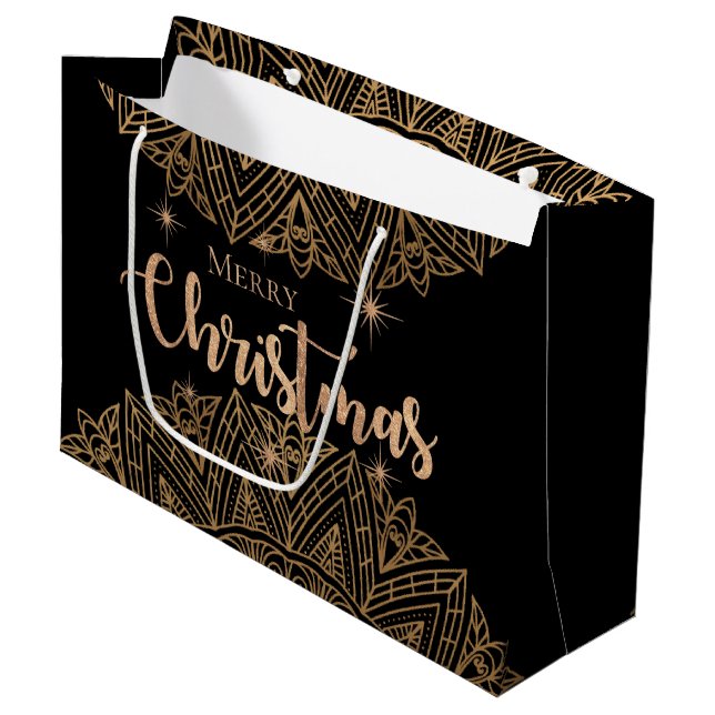 Luxury Black Gold Mandala Elegant Frohe Weihnachte Große Geschenktüte (Vorderseite Schrägansicht)