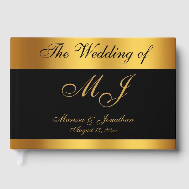 Luxury Black Gold Monogram Names Wedding Gästebuch (Vorderseite)