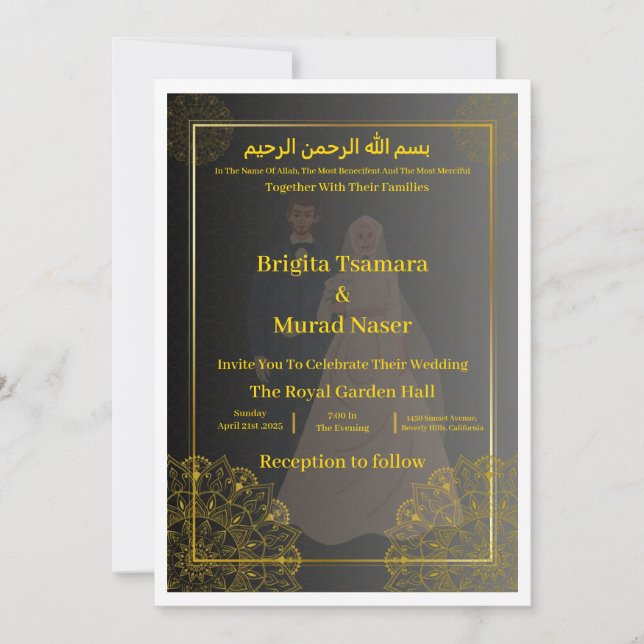 Luxury Black & Gold Muslim Wedding Invite Einladung (Vorderseite)