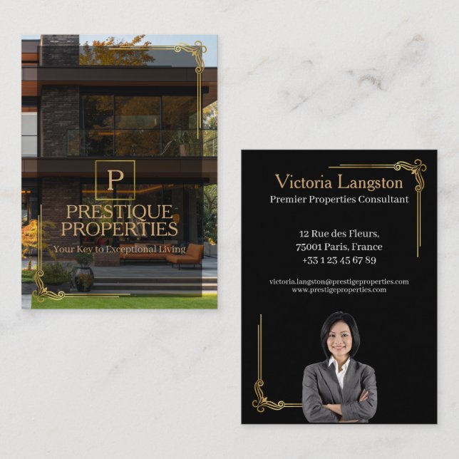Luxury Black Gold Real Estate Photo Monogram Visitenkarte (Vorne/Hinten)