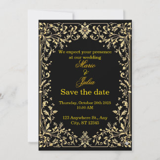 Luxury Black & Gold Scandinavian Rosemaling Weddin Einladung