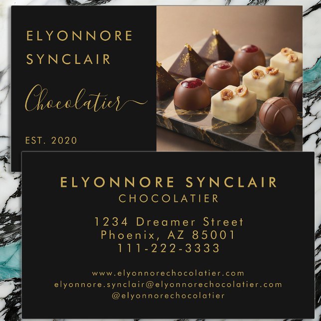 Luxury Black Gold Script Chocolatier Photo Visitenkarte (Von Creator hochgeladen)