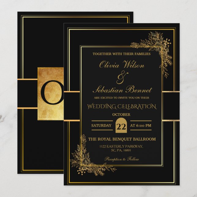 LUXURY BLACK & GOLD WEDD EINLADUNG (Vorne/Hinten)