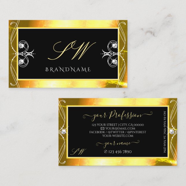 Luxury Black Golden Sparkle Jewels Initials Verzie Visitenkarte (Vorne/Hinten)