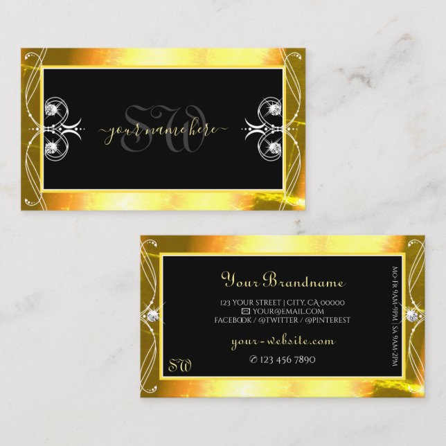 Luxury Black Golden Sparkle Jewels Monogram Verzie Visitenkarte (Vorne/Hinten)