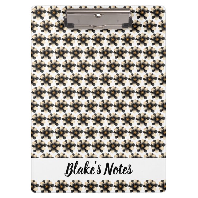 Luxury Black Ivory Floral Name Klemmbrett (Vorderseite)