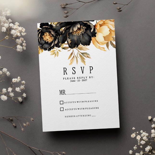 Luxury black ivory gold peony floral RSVP Einladung (Luxury black ivory gold peony floral RSVP )