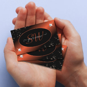 Luxury Black Orange Glitzer Stars Jewels Initials Visitenkarte