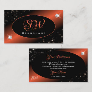 Luxury Black Orange Glitzer Stars Jewels Monogram Visitenkarte