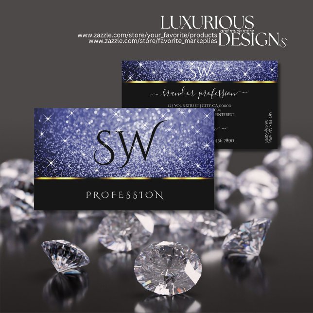 Luxury Black Shimmery Royal Blue Glitzer Initials Visitenkarte (Von Creator hochgeladen)