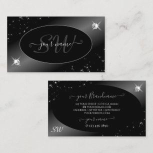 Luxury Black Silver Glitzer Stars Jewels Initials Visitenkarte