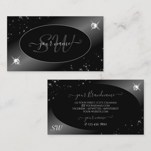 Luxury Black Silver Glitzer Stars Jewels Initials Visitenkarte (Vorne/Hinten)