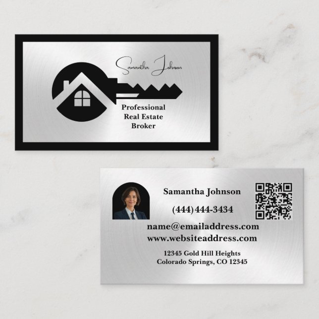 Luxury Black & Silver QR Code Photo Real Estate  Visitenkarte (Vorne/Hinten)