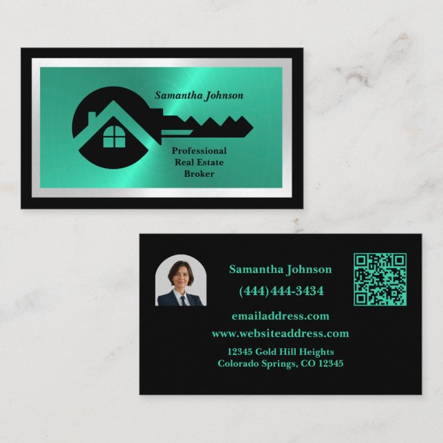 Luxury Black & Turquoise QR Code Photo Real Estate Visitenkarte (Vorne/Hinten)