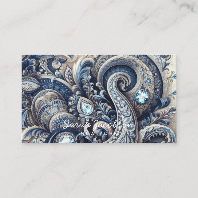Luxury Blue and White Paisley Diamond Visitenkarte (Vorderseite)