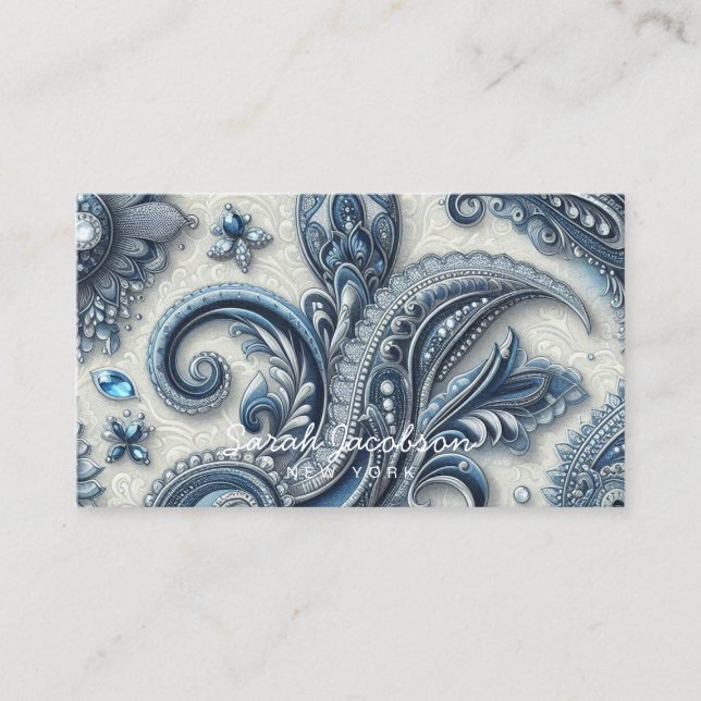 Luxury Blue and White Paisley Diamond Visitenkarte (Vorderseite)