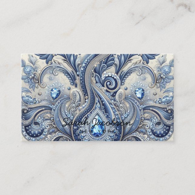 Luxury Blue and White Paisley Diamond Visitenkarte (Vorderseite)